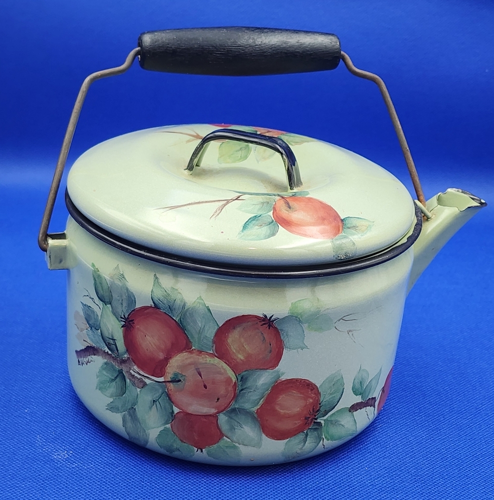 Vintage Enamelware Hand-Painted Floral Tea Pot with Handle